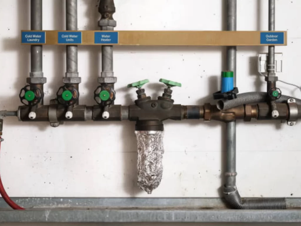 A series of labeled pipes and valves mounted on a wall, including controls for cold water laundry, cold water units, water heater, and outdoor garden, with one pipe wrapped in foil.