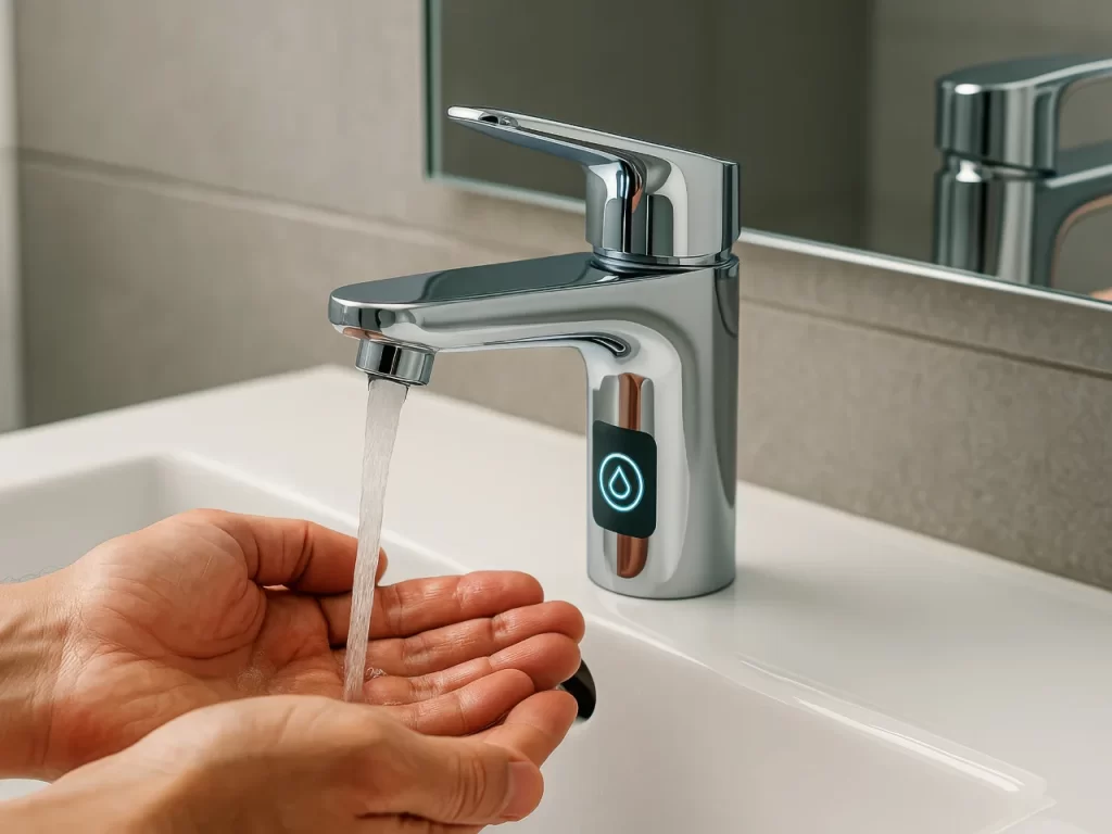 A person holds their hands under a modern, touchless smart faucet with water flowing, in a bathroom with a white sink and a rectangular mirror.