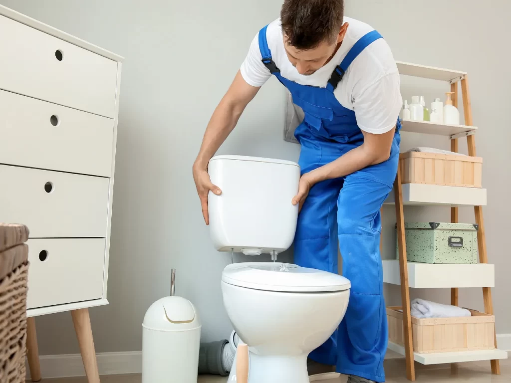 A plumber in blue overalls installs a toilet tank onto a toilet base in a modern bathroom with shelves, a white cabinet, and a trash can nearby.