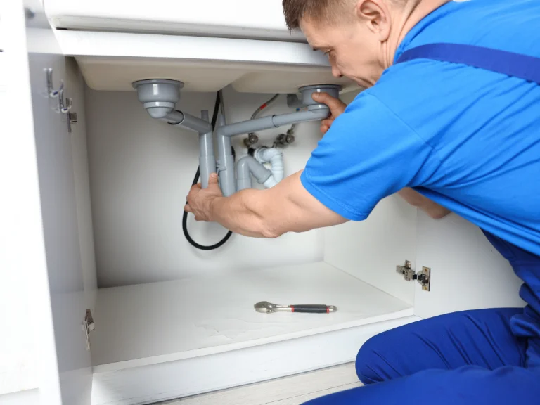 A plumber in blue overalls kneels and works on pipes under a kitchen sink, tackling drain repair and plumbing in Toronto, with a wrench lying on the cabinet floor nearby.