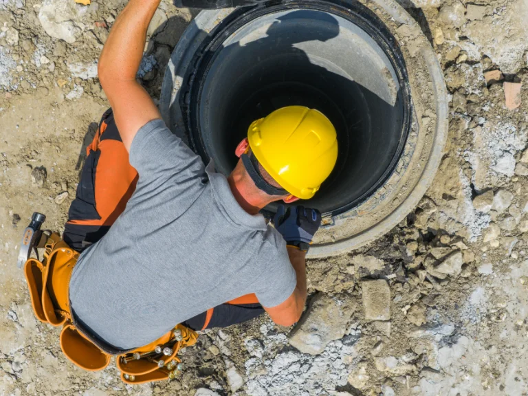 A construction worker wearing a yellow hard hat and tool belt leans over and looks into a large, circular pipe or manhole at a construction site with gravel and rocky ground, inspecting it for drain repair and plumbing in Toronto.