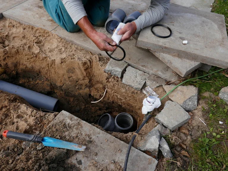 A person installs plumbing pipes in a dug-out area with dirt and concrete blocks, working on sewer line repair Mississauga; tools and pipe fittings are placed nearby.
