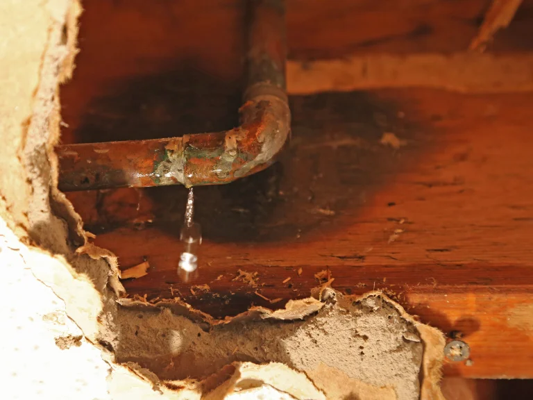 A close-up of a corroded copper pipe leaking water onto damaged wood and plaster, causing visible water damage and decay—highlighting the urgent need for professional drain repair and plumbing in Toronto.
