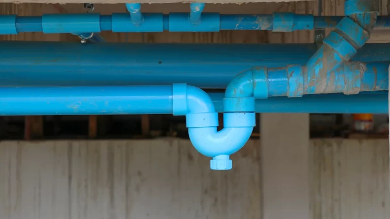 Bright blue PVC plumbing pipes run horizontally along a ceiling, with a U-shaped trap featured at the center. The pipes have some dirt and mud on them, and the wall behind is slightly stained.