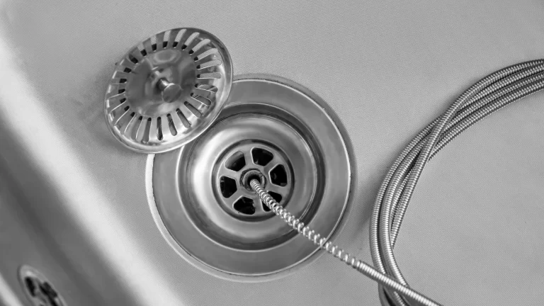 Close-up of a stainless steel sink drain with a strainer partially covering it and a flexible metal hose placed nearby. The image is in black and white.