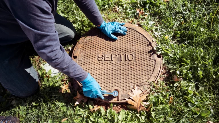 A person wearing blue gloves uses a wrench to open a round septic tank cover labeled SEPTIC, surrounded by grass and fallen leaves.