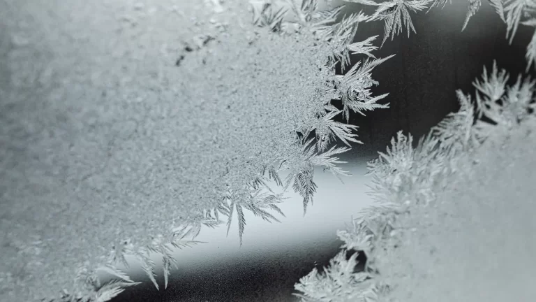 Close-up of intricate frost crystals forming delicate, feathery patterns on a window, with a soft gradient of light and shadow in the background.