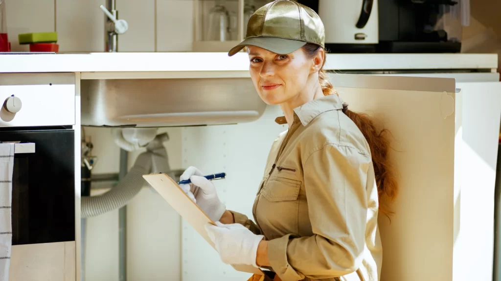 A woman in work clothes and a cap kneels by a kitchen sink, holding a clipboard and pen, and smiles at the camera, appearing to inspect or perform maintenance under the sink.
