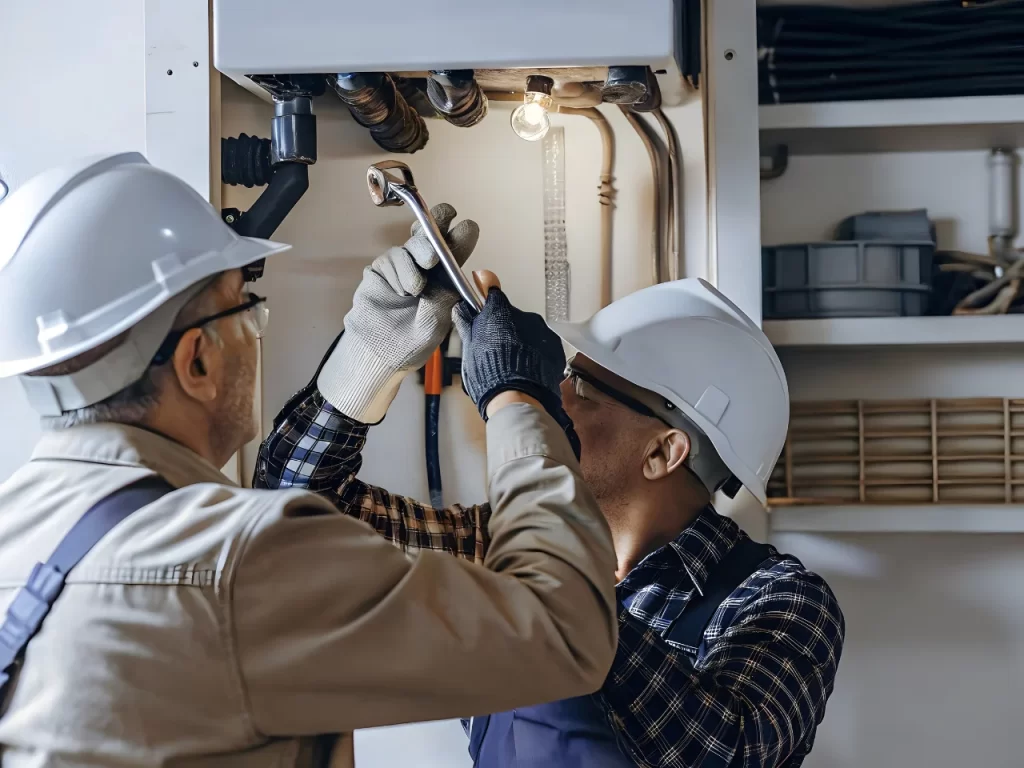 Two workers wearing white hard hats and gloves are using tools to repair or install piping inside a mechanical unit, with shelves and equipment visible in the background.