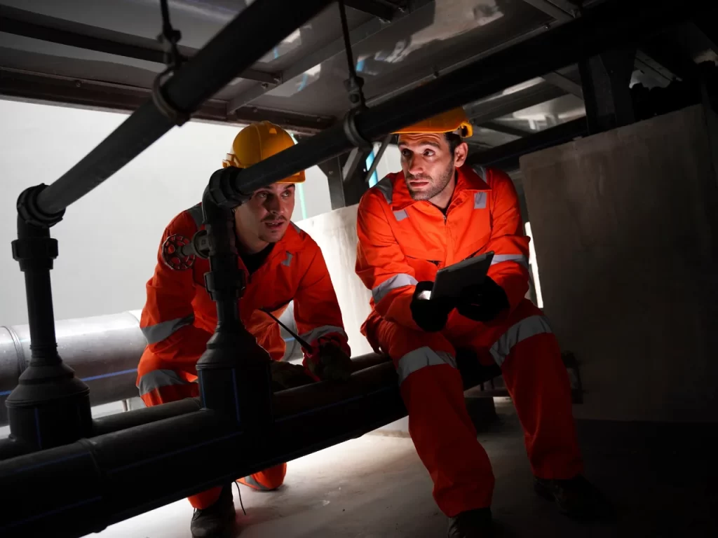 Two workers in orange safety uniforms and yellow helmets crouch under industrial pipes, inspecting and discussing something. One holds a tablet, and they appear focused and engaged in the inspection task.