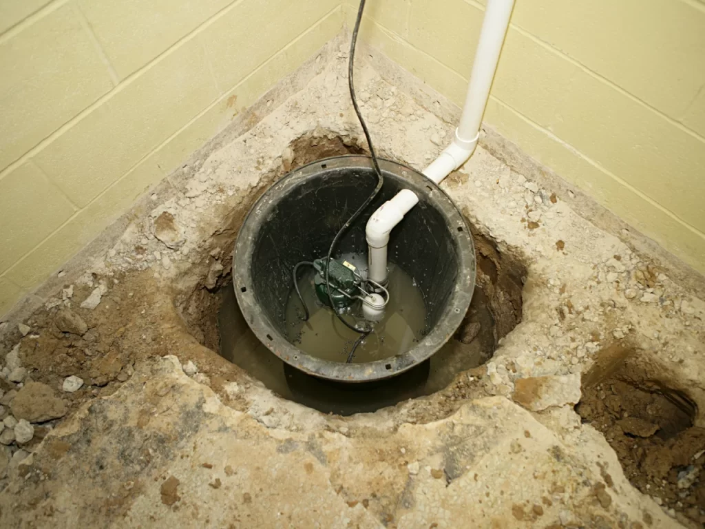 A sump pump installed in a basement floor pit with exposed concrete and debris, featuring white drainage pipes, standing water inside the pit, and a layout similar to a weeping tile diagram.