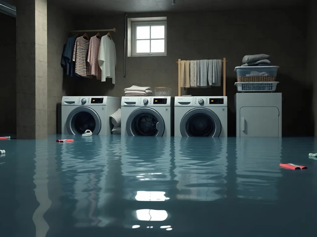 A basement laundry room with three washing machines and a dryer is flooded with water. Laundry baskets, clothes, and detergent containers float in the water. Clothes are hanging and stacked above the machines.
