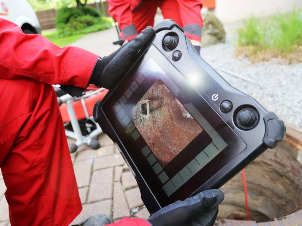 A person in red protective clothing and black gloves holds a digital inspection device displaying a close-up image of the inside of a pipe or drain. Another person in red is visible in the background near outdoor paving.