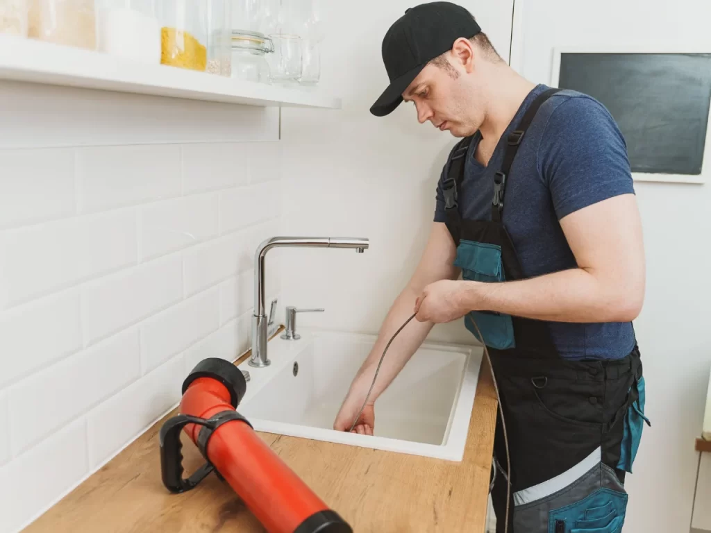 A plumber in a cap and overalls uses a plumbing snake to unclog a kitchen sink, with tools placed on the wooden countertop beside him.