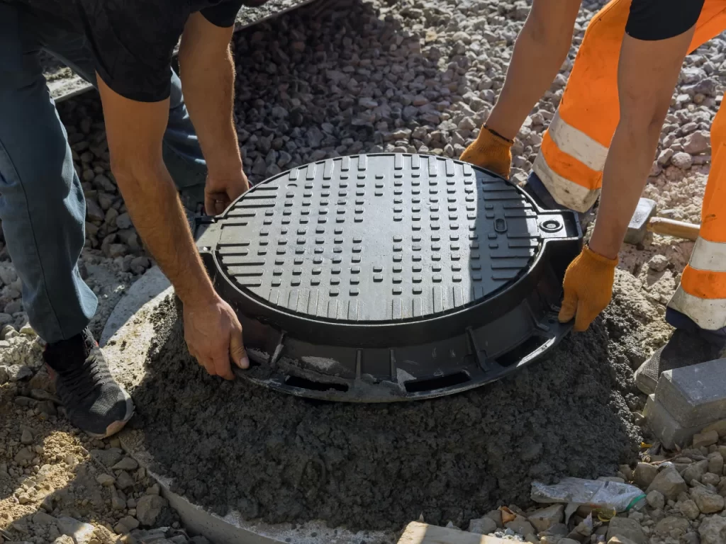 Two workers are placing a round manhole cover onto a concrete frame surrounded by gravel. One worker wears orange pants with reflective stripes and gloves, while the other wears dark pants and no gloves.