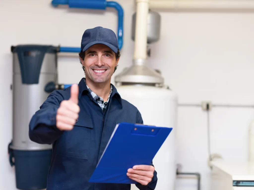 A smiling technician wearing a blue uniform and cap holds a clipboard and gives a thumbs up in a utility room with pipes and equipment in the background.