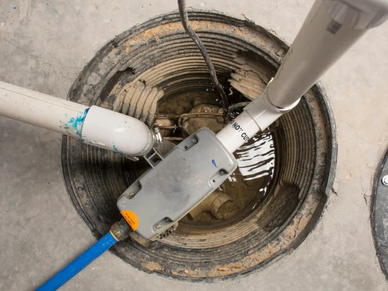 A closeup view of a sump pump system installed in a circular pit in a concrete floor, highlighting visible pipes and electrical wiring—an essential setup for effective drain repair and plumbing in Toronto.