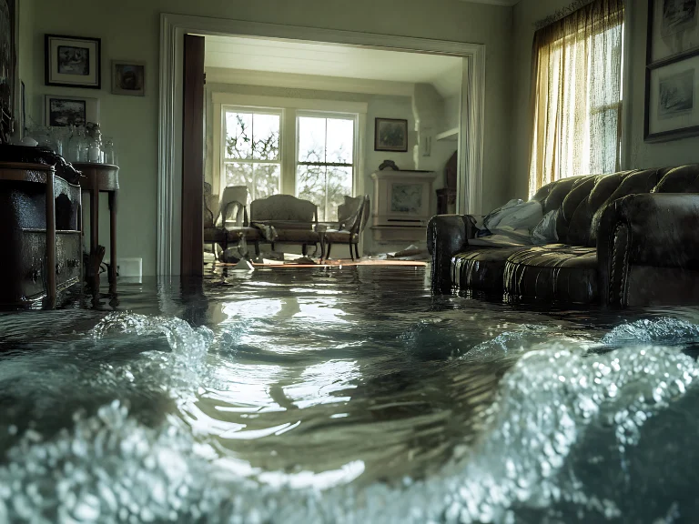 Water floods a living room with a sofa, armchair, and framed pictures on the walls. Sunlight filters in through windows in the adjacent room, highlighting the rising water’s ripples—a clear scene needing expert water damage restoration.