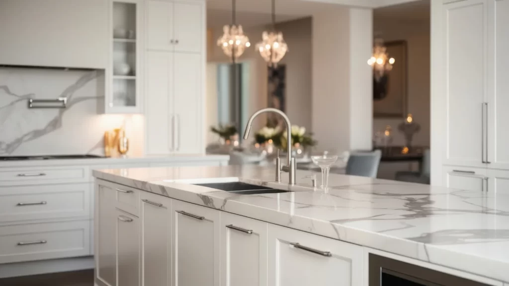 A modern kitchen with white cabinets, a marble island countertop with gray veins, a built-in sink, and elegant pendant lights hanging above. The background shows a dining area with a softly lit, sophisticated ambiance.