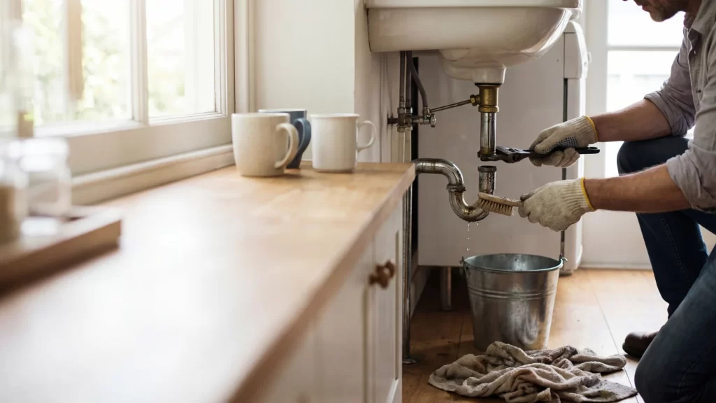 A person wearing gloves uses a wrench to fix a leaking pipe under a sink. Water drips into a metal bucket, and towels are spread on the wooden floor nearby. There are mugs on the countertop.