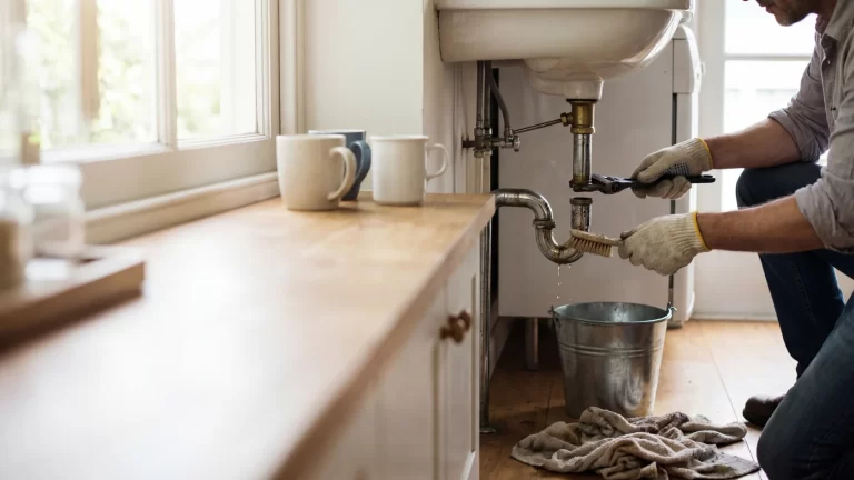 A person wearing gloves uses a wrench to fix a leaking pipe under a sink. Water drips into a metal bucket, and towels are spread on the wooden floor nearby. There are mugs on the countertop.