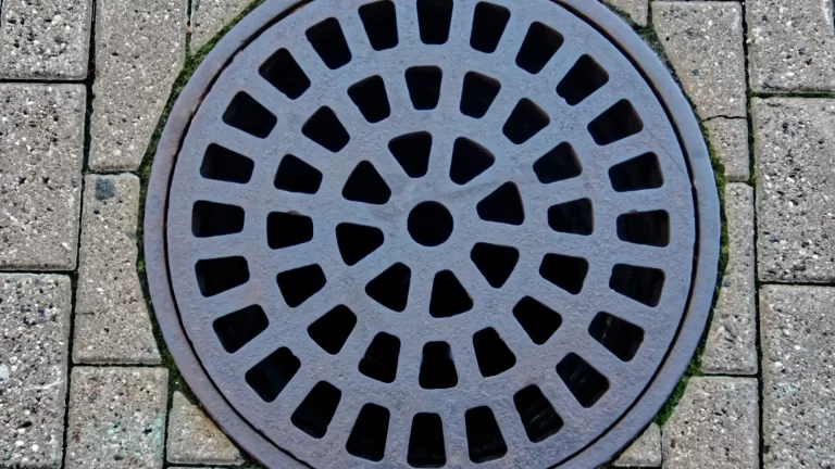 A circular metal drain cover.