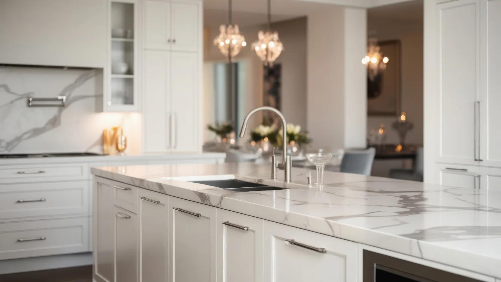 A modern kitchen with white cabinets, a marble island countertop with gray veins, a built-in sink, and elegant pendant lights hanging above. The background shows a dining area with a softly lit, sophisticated ambiance.