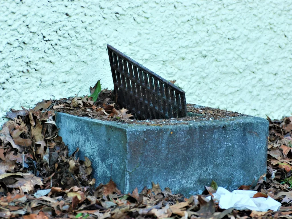 A metal grate set at an angle in a concrete block, surrounded by dry fallen leaves, sits beside a textured light-colored wall. A piece of white litter is on the ground nearby.