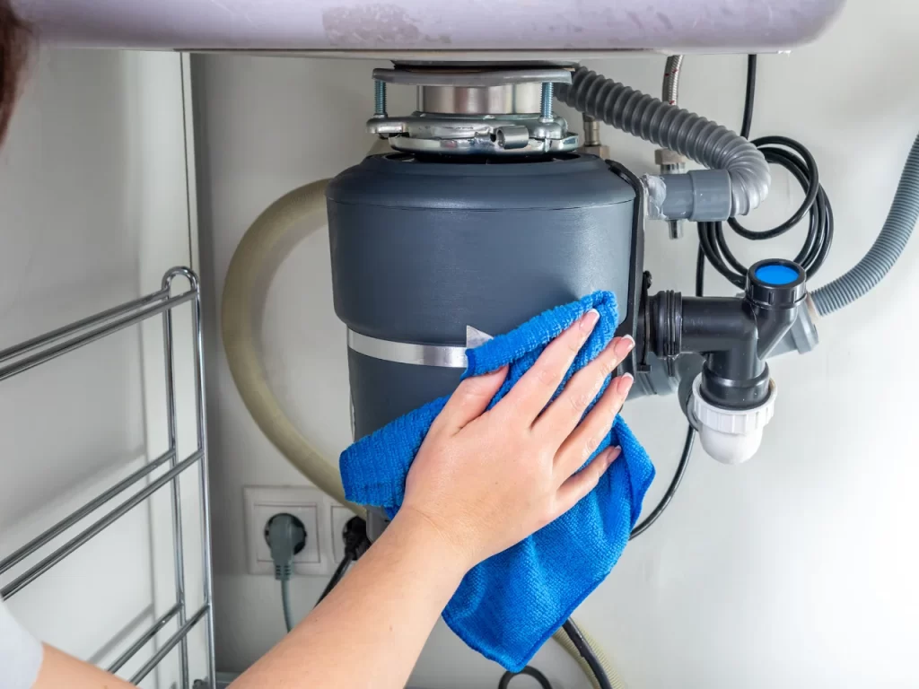 A person’s hand uses a blue cloth to clean a garbage disposal unit under a kitchen sink, with visible pipes, hoses, and electrical outlets nearby.