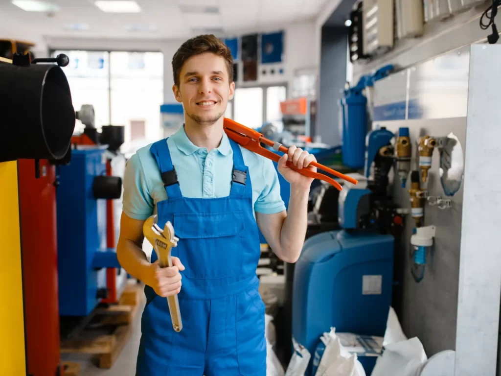 A smiling worker in blue overalls holds a large adjustable wrench in one hand and a red pipe wrench over his shoulder, standing in a workshop with various equipment and tools in the background.