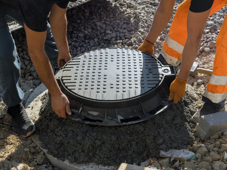 Two workers are installing a manhole cover onto a cement base surrounded by gravel, showcasing expert drain repair and plumbing in Toronto. One wears orange pants and gloves, the other dark clothing; both use their hands to set the heavy metal cover.