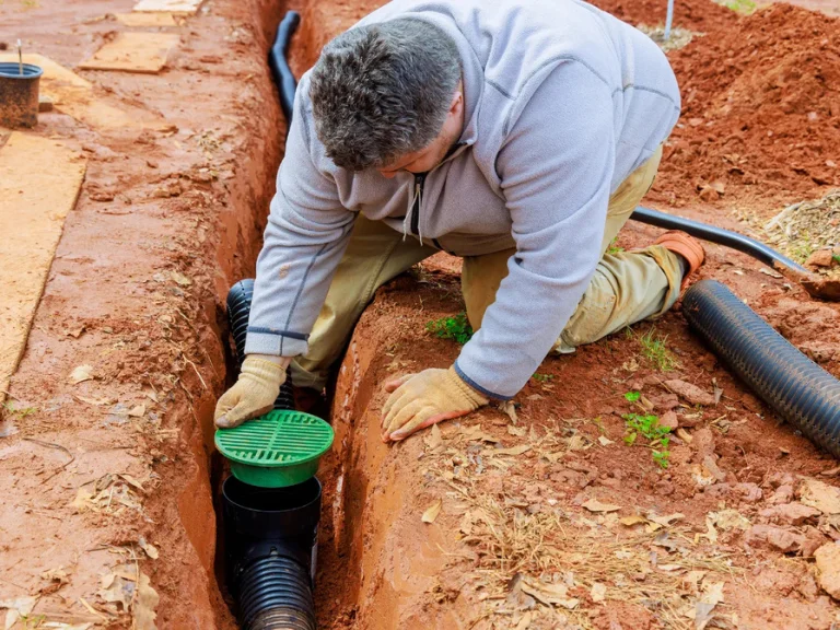 A person kneeling in a dirt trench installs a green drain cover onto a black drainage pipe, demonstrating expert drain repair and plumbing in Toronto. They wear gloves, a gray sweatshirt, and tan pants among reddish soil with some grass.