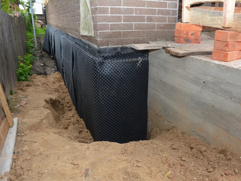 A house foundation with black dimpled waterproofing membrane installed along the exterior wall, surrounded by exposed soil and sand during a construction or renovation project involving drain repair and plumbing in Toronto.