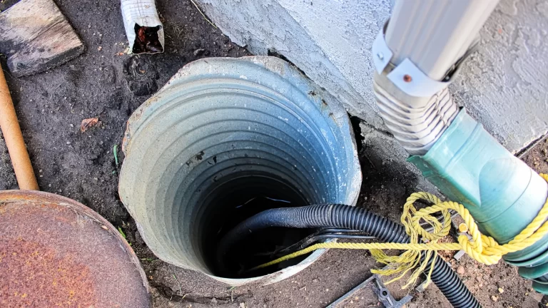 A large, corrugated metal drainage pipe is embedded vertically in the ground next to a building, with cables and yellow rope running into it. A green downspout is attached to the wall above the pipe.
