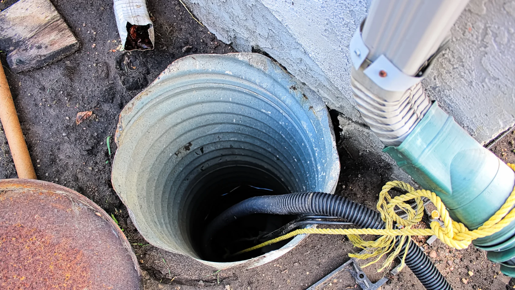 A large, corrugated metal drainage pipe is embedded vertically in the ground next to a building, with cables and yellow rope running into it. A green downspout is attached to the wall above the pipe.