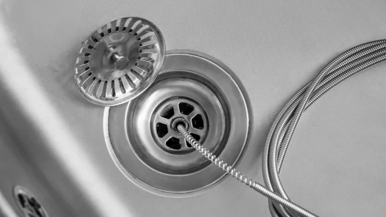 Close-up of a metal kitchen sink drain with the strainer cover removed and a flexible metal drain snake inserted into the drain opening, suggesting that the drain is being unclogged or cleaned.