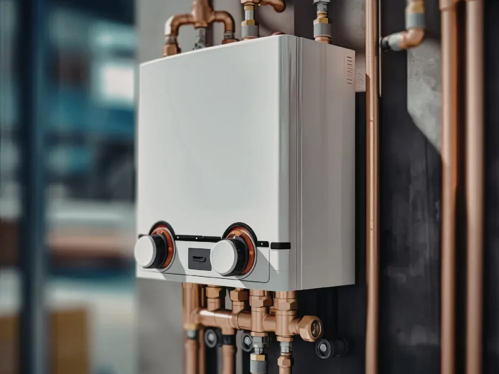 A wall-mounted tankless water heater with copper pipes and two control knobs is installed indoors, with a blurred background.