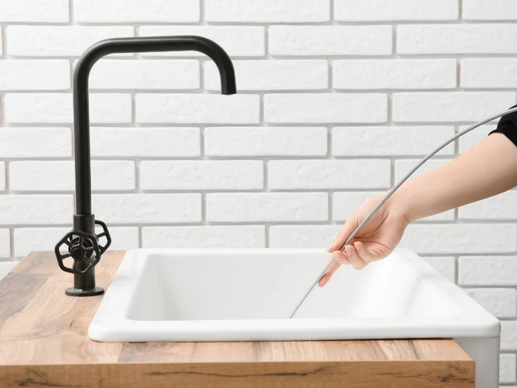 A person’s hand holds a flexible pipe over a white sink with a black faucet, against a white brick wall background.