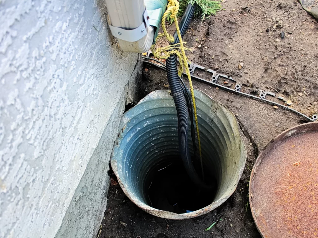 A metal culvert pipe extends vertically into the ground next to a building foundation, with black and yellow drainage hoses running into it. Nearby are exposed soil, grass, and a rusty metal cover.