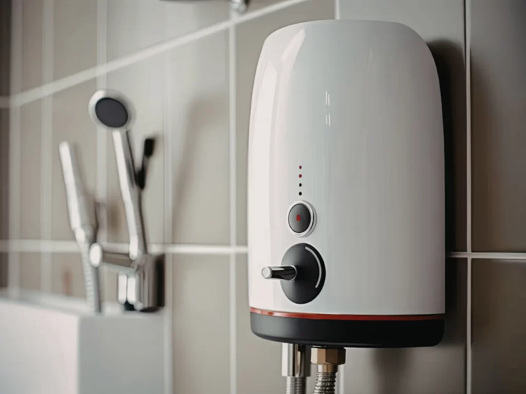 A close-up of a modern electric water heater mounted on a tiled bathroom wall, with a showerhead and faucet visible in the background.
