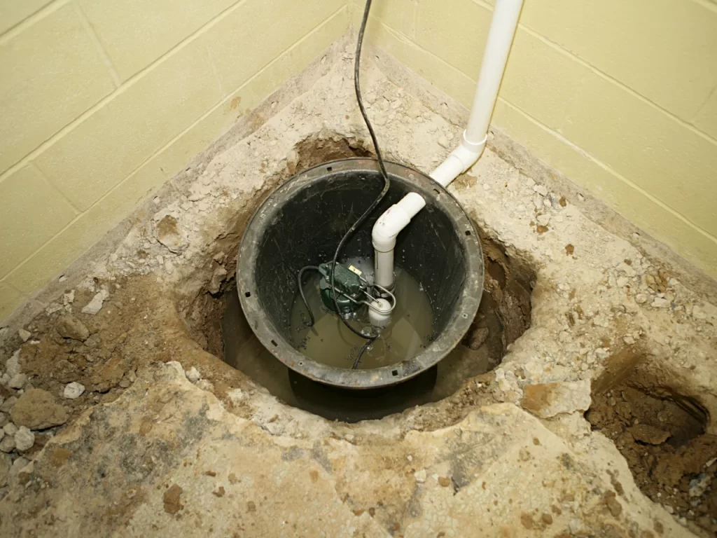 A sump pump installed in a basement pit with exposed concrete floor around it and water partially filling the pit; white PVC pipes connect to the pump.