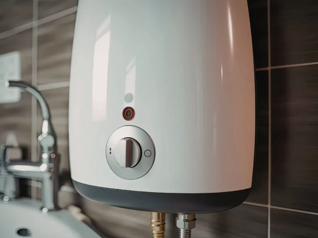 Close-up of a white electric water heater mounted on a tiled bathroom wall, showing a control dial and indicator light, with water pipes connected below and a faucet visible to the side.