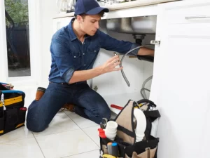 A plumber in a blue shirt and cap kneels on a kitchen floor, working under a sink with tools and tool bags nearby—expertly handling drain repair and plumbing in Toronto.