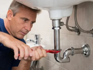 A man focusing intently on drain repair uses a red wrench to fix a metal pipe under a white bathroom sink, showcasing expert plumbing in Toronto.