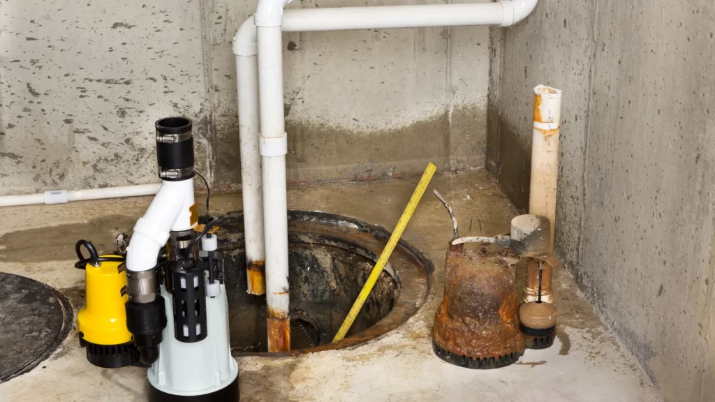 A basement sump pump system with various pipes, a yellow measuring stick, and a nearby rusted pipe, installed on a concrete floor against unfinished concrete walls.
