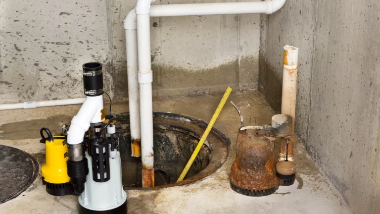 A basement sump pump system with various pipes, a yellow measuring stick, and a nearby rusted pipe, installed on a concrete floor against unfinished concrete walls.