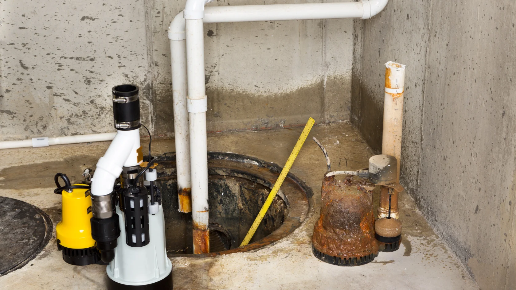 A basement sump pump system with various pipes, a yellow measuring stick, and a nearby rusted pipe, installed on a concrete floor against unfinished concrete walls.