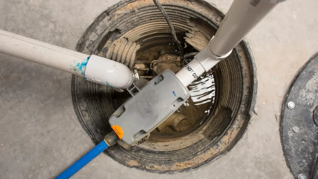 A close-up view of a sump pump system in a round pit, with several pipes connecting and water pooled at the bottom, set in a concrete floor.