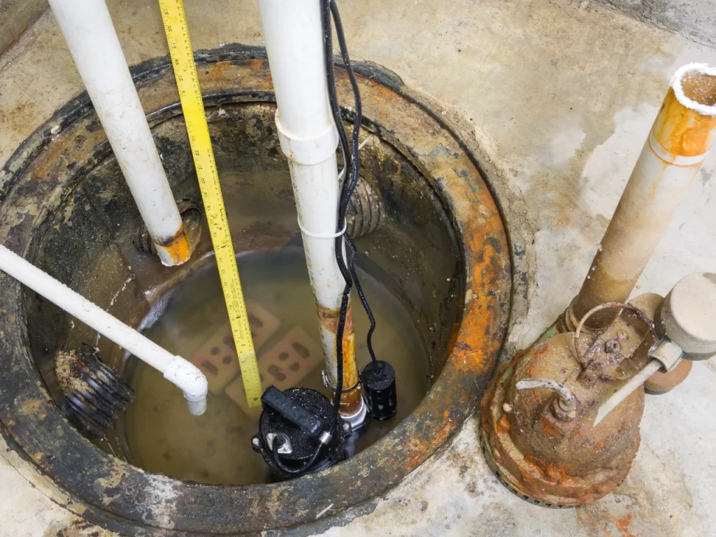 A close-up of a basement sump pit containing murky water, multiple PVC pipes, a sump pump, a yellow measuring tape, and a corroded metal discharge pipe on a concrete floor.