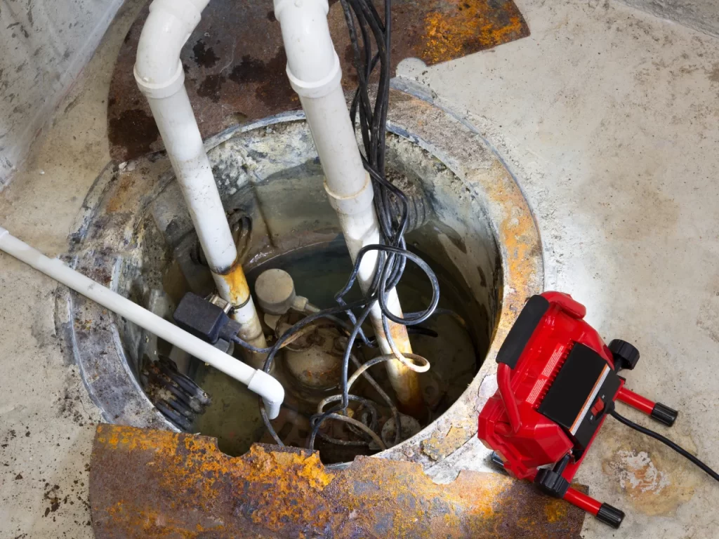 An open sump pit with white PVC pipes, electrical wires, and a red utility light on the concrete floor, indicating maintenance work on a basement sump pump system.